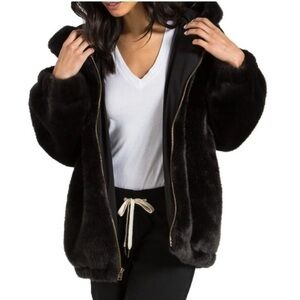 n: PHILANTHROPY Black Faux Fur Full Zip Hooded Coat‎ Jacket New Size Small